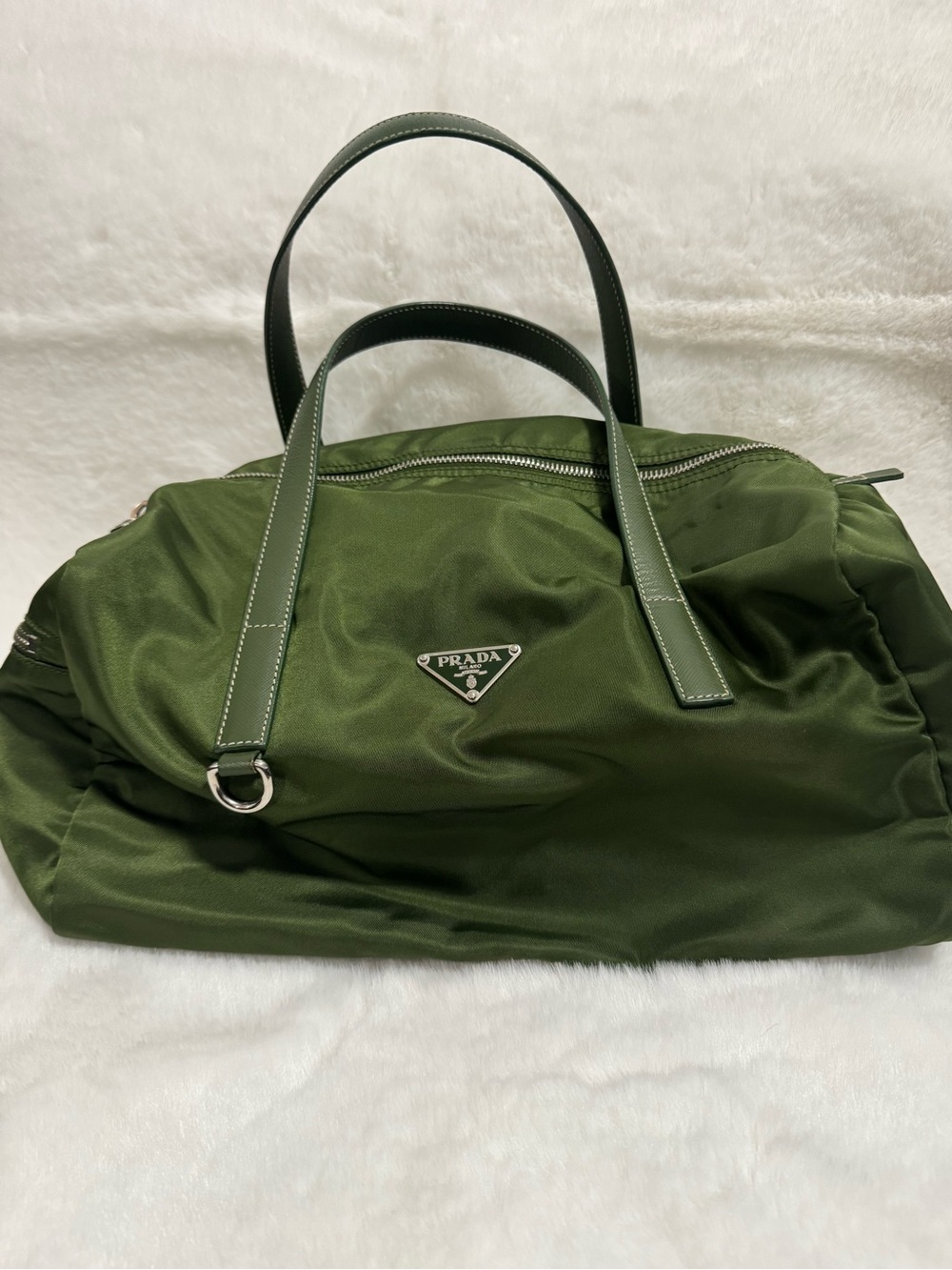 Prada Olive Green Nylon Tote with Leather Handles